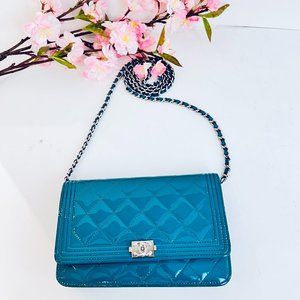 CHANEL Turquoise Blue Patent Calfskin Quilted Boy Wallet On Chain WOC